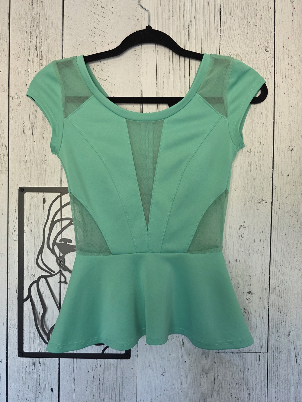 GUESS Mint Green Mesh Panel Peplum Top XXS Stretch Fitted